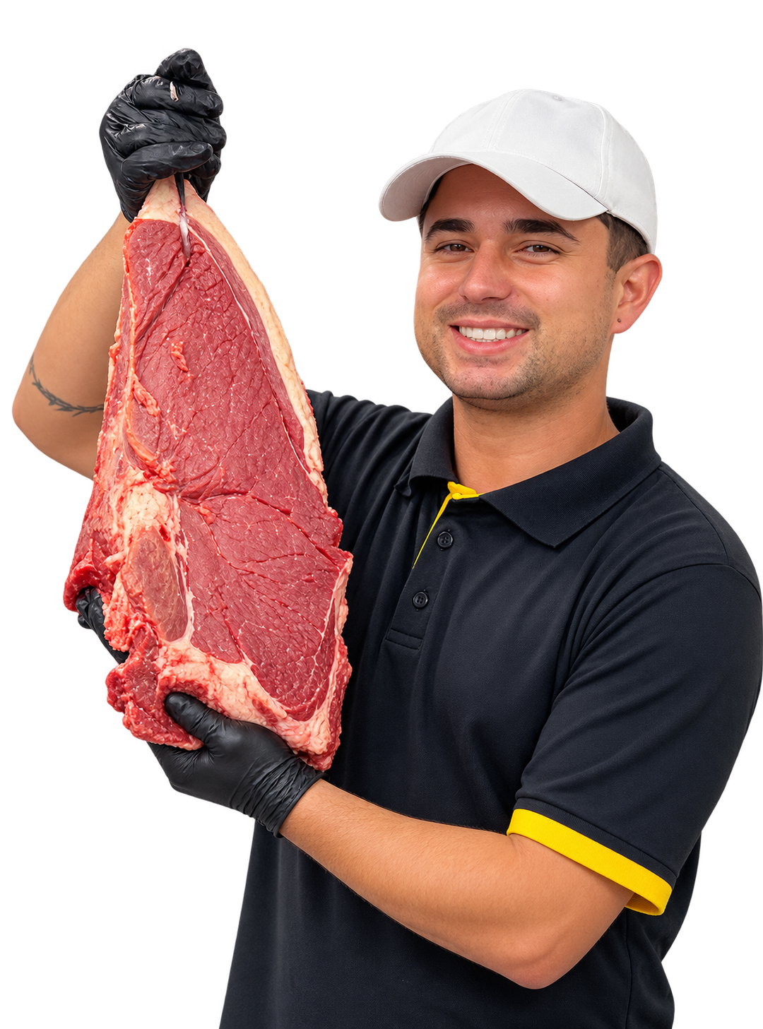 Funcionário do açougue do Mercado Império segurando um corte de carne