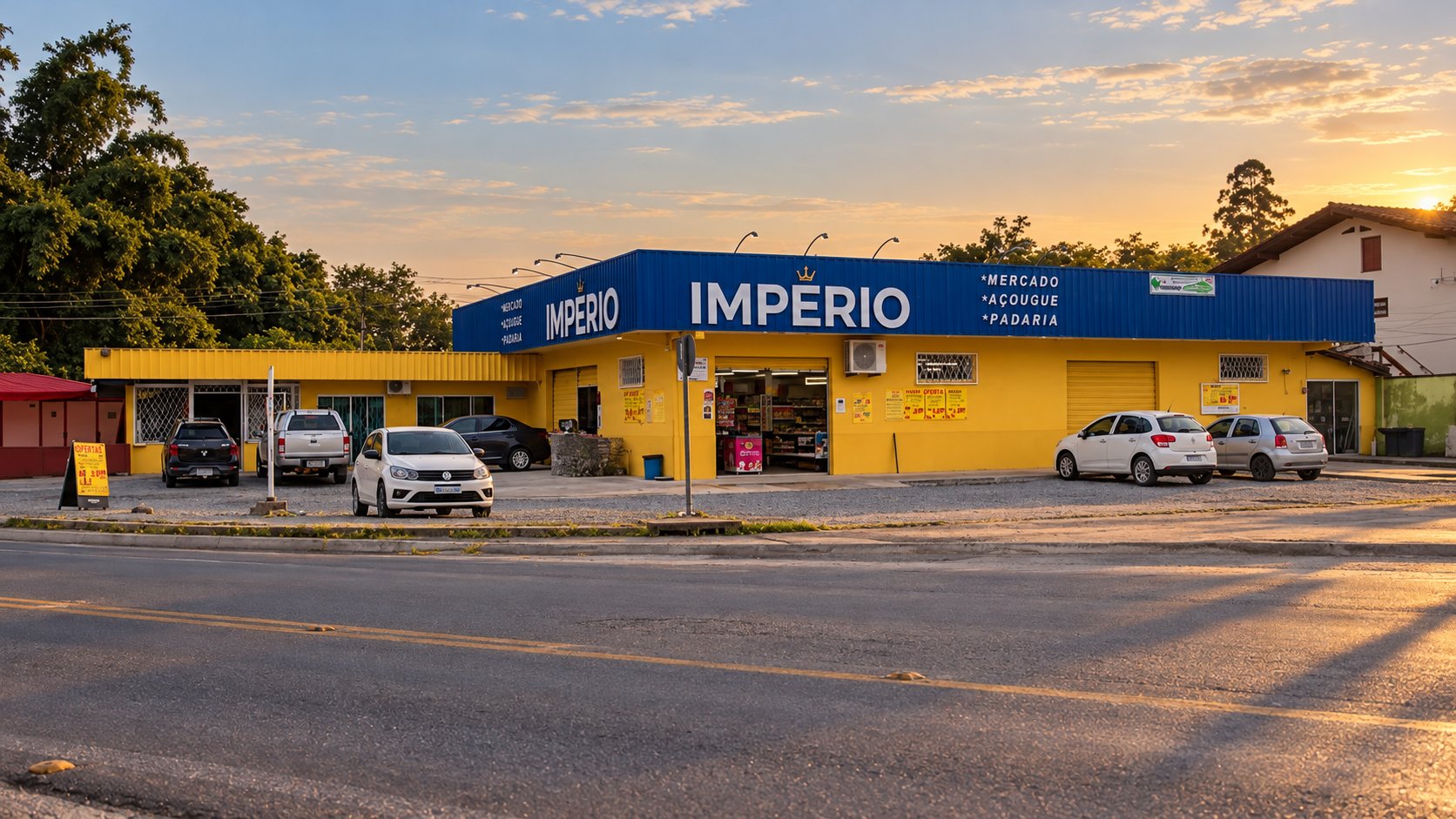 Vista completa da fachada do Mercado Império na rua Waldemiro José Borges