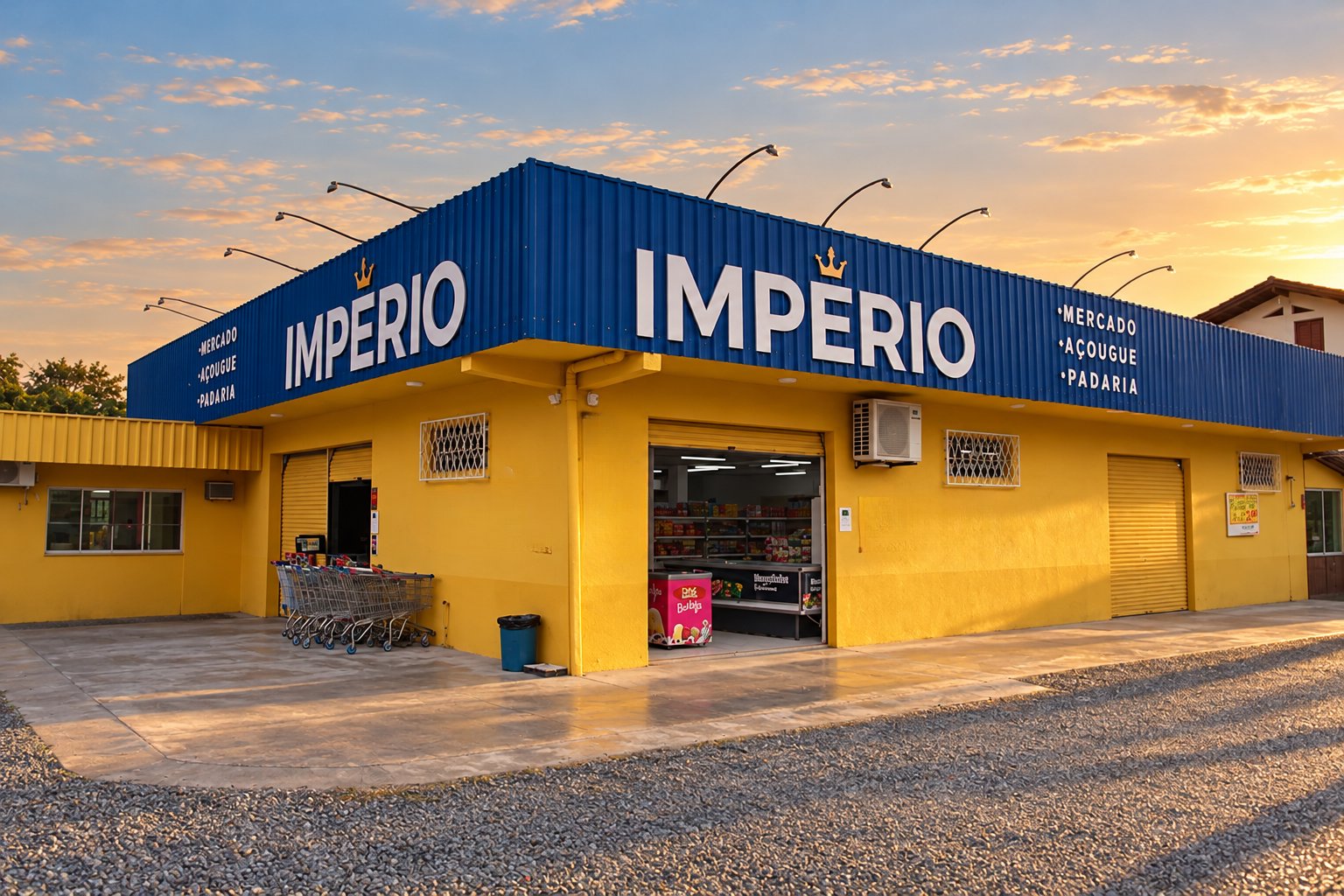 Fachada azul e amarela do Mercado Império ao pôr do sol